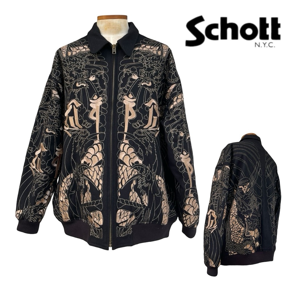Vintage 90s SCHOTT NYC Mens 4XL XXXXL Heavy Wool Bomber Jacket Allover Appliqué